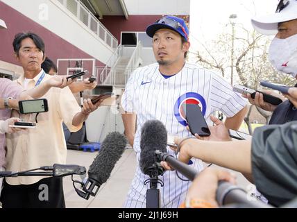 Arizona, USA. 25th Mar, 2022. Seiya Suzuki of the Chicago Cubs bats in the  first inning of a spring training baseball game against the Colorado  Rockies on March 25, 2022, in Mesa