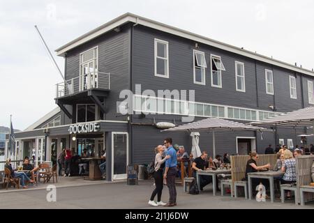 New Zealand, Wellington - January 10 2020: the view of Dockside Cafe Exterior in Wellington harbour docks on January 10 2020 in Wellington, New Zealan Stock Photo