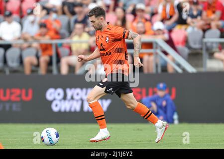 Redcliffe, Australia. 26th Mar, 2022. Jay O'Shea of the Roar dribbles with the ball Credit: News Images /Alamy Live News Stock Photo