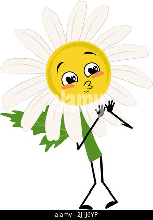 Chamomile character with love emotions, smile face, arms and legs. Person with happy expression, daisy flower hero. Vector flat illustration Stock Vector