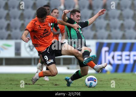 Redcliffe, Australia. 26th Mar, 2022. Luke Ivanovic of the Roar competes for the ball Credit: News Images /Alamy Live News Stock Photo