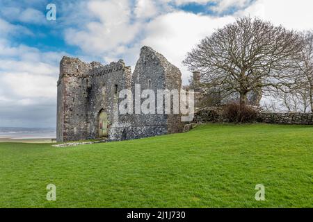 Weobley Castle is a 14th-century fortified manor house on the Gower Peninsula, Wales, in the care of Cadw. The castle overlooks Llanrhidian saltmarshe Stock Photo