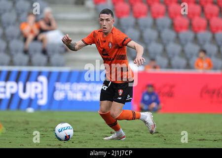 Redcliffe, Australia. 26th Mar, 2022. Scott Neville of the Roar has possession of the ball Credit: News Images /Alamy Live News Stock Photo