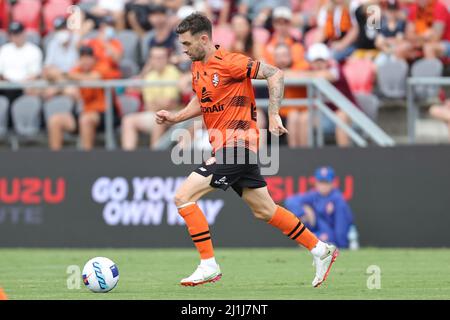 Redcliffe, Australia. 26th Mar, 2022. Jay O'Shea of the Roar dribbles with the ball in Redcliffe, Australia on 3/26/2022. (Photo by Patrick Hoelscher/News Images/Sipa USA) Credit: Sipa USA/Alamy Live News Stock Photo