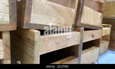 A stack of wooden crates. Storage boxes made of wood Stock Photo