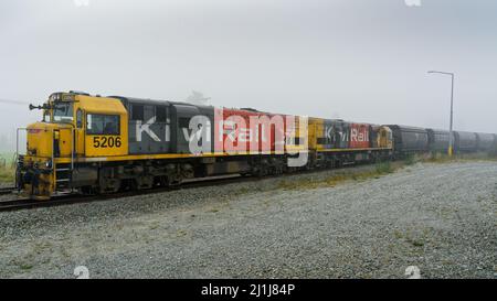 Arthur's Pass/New Zealand, March 5, 2022: Two Kiwi Rail locomotives pulling a long train of railway trucks carrying coal in Arthur's Pass. Stock Photo