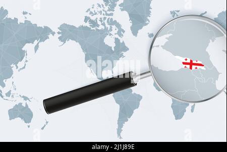 Enlarged map of Georgia on America centered World Map. Magnified map and flag of Georgia. Vector template. Stock Vector