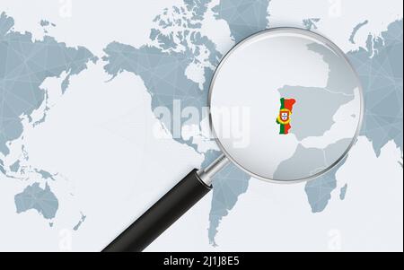 Enlarged map of Portugal on America centered World Map. Magnified map and flag of Portugal. Vector template. Stock Vector
