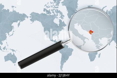 Enlarged map of Montenegro on America centered World Map. Magnified map and flag of Montenegro. Vector template. Stock Vector