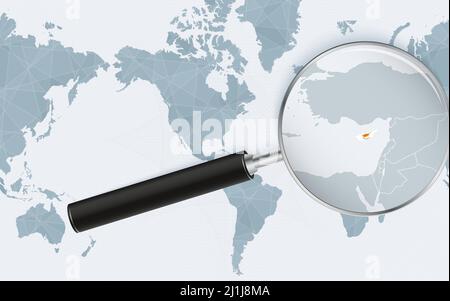 Enlarged map of Cyprus on America centered World Map. Magnified map and flag of Cyprus. Vector template. Stock Vector