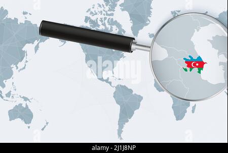Enlarged map of Azerbaijan on America centered World Map. Magnified map and flag of Azerbaijan. Vector template. Stock Vector