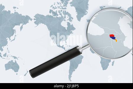 Enlarged map of Armenia on America centered World Map. Magnified map and flag of Armenia. Vector template. Stock Vector
