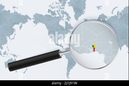 Enlarged map of Benin on America centered World Map. Magnified map and flag of Benin. Vector template. Stock Vector
