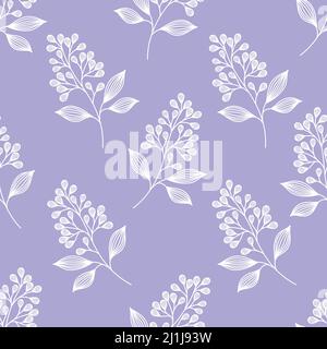 Seamless Vector Pattern with Cute Doodle Branches on Purple Background. Vector Hand Sketched Floral Branches Pattern with Doodle Leaves and Flowers. Stock Vector