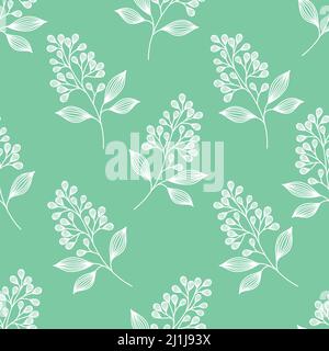 Seamless Vector Pattern with Cute Doodle Branches on Mint Background. Vector Hand Sketched Floral Branches Pattern with Doodle Leaves and Flowers. Stock Vector