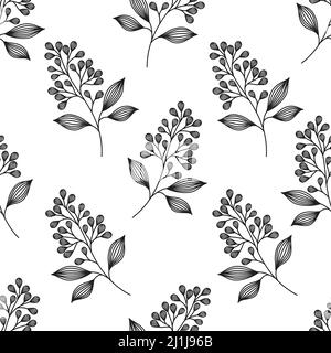 Seamless Vector Pattern with Cute Doodle Branches. Vector Hand Sketched Floral Branches Pattern with Doodle Leaves and Flowers. Stock Vector