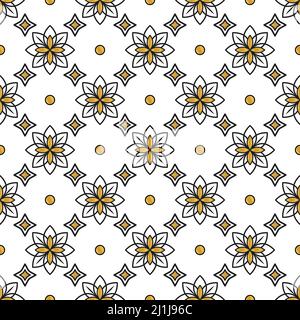 Seamless Symmetric Vector Pattern with Geometric Black and Golden Floral Design on Transparent Background. Abstract Flowers and Geometric Elements. Stock Vector