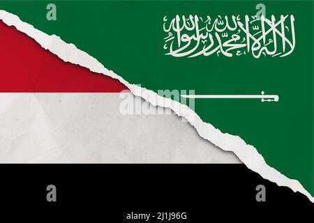 Yemen and Saudi Arabia flag ripped paper grunge background. Abstract Yemen and Saudi Arabia economics, politics conflicts, war concept texture backgro Stock Photo