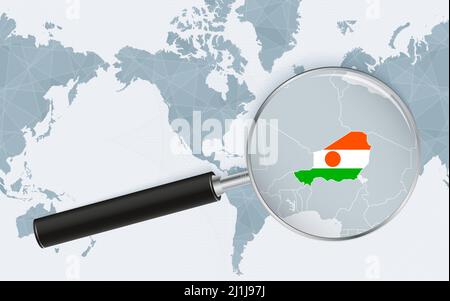 Enlarged map of Niger on America centered World Map. Magnified map and flag of Niger. Vector template. Stock Vector