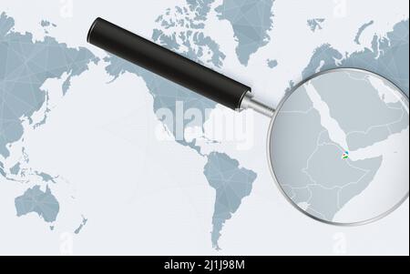 Enlarged map of Djibouti on America centered World Map. Magnified map and flag of Djibouti. Vector template. Stock Vector