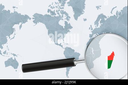Enlarged map of Madagascar on America centered World Map. Magnified map and flag of Madagascar. Vector template. Stock Vector