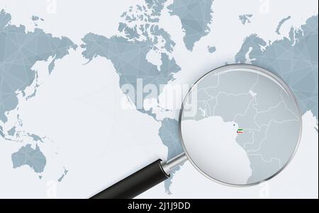 Enlarged map of Equatorial Guinea on America centered World Map. Magnified map and flag of Equatorial Guinea. Vector template. Stock Vector