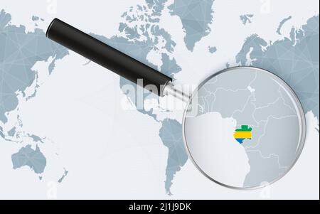 Enlarged map of Gabon on America centered World Map. Magnified map and flag of Gabon. Vector template. Stock Vector