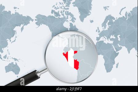 Enlarged map of Peru on America centered World Map. Magnified map and flag of Peru. Vector template. Stock Vector