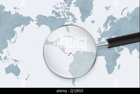 Enlarged map of Panama on America centered World Map. Magnified map and flag of Panama. Vector template. Stock Vector