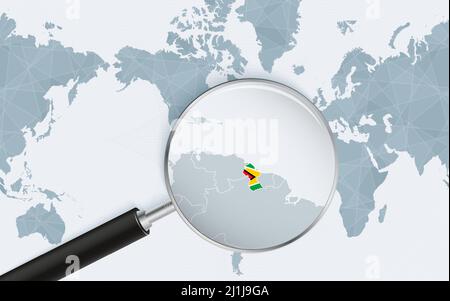 Enlarged map of Guyana on America centered World Map. Magnified map and flag of Guyana. Vector template. Stock Vector