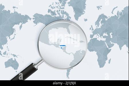 Enlarged map of Honduras on America centered World Map. Magnified map and flag of Honduras. Vector template. Stock Vector