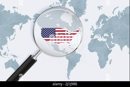 Enlarged map of USA on America centered World Map. Magnified map and flag of USA. Vector template. Stock Vector