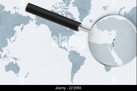 Enlarged map of Israel on America centered World Map. Magnified map and flag of Israel. Vector template. Stock Vector