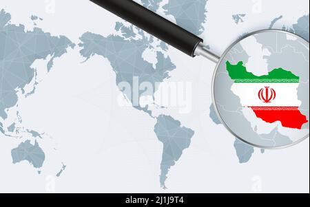 Enlarged map of Iran on America centered World Map. Magnified map and flag of Iran. Vector template. Stock Vector