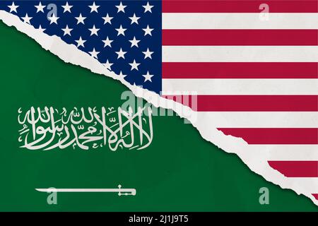 United States and Saudi Arabia flag ripped paper grunge background. Abstract United States and Saudi Arabia economics, politics conflicts, war concept Stock Photo