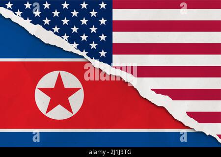 United States and North Korea flag ripped paper grunge background. Abstract United States and North Korea economics, politics conflicts, war concept Stock Photo