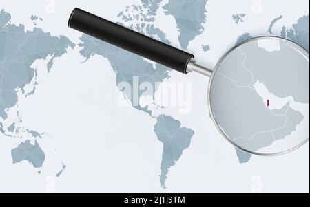 Enlarged map of Qatar on America centered World Map. Magnified map and flag of Qatar. Vector template. Stock Vector