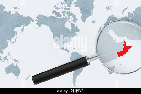 Enlarged map of Oman on America centered World Map. Magnified map and flag of Oman. Vector template. Stock Vector