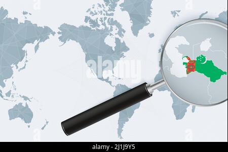 Enlarged map of Turkmenistan on America centered World Map. Magnified map and flag of Turkmenistan. Vector template. Stock Vector