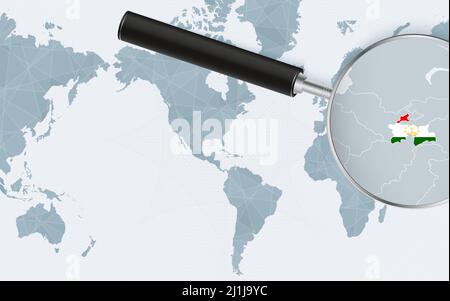 Enlarged map of Tajikistan on America centered World Map. Magnified map and flag of Tajikistan. Vector template. Stock Vector