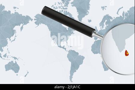 Enlarged map of Sri Lanka on America centered World Map. Magnified map and flag of Sri Lanka. Vector template. Stock Vector