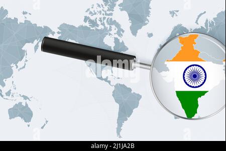 Enlarged map of India on America centered World Map. Magnified map and flag of India. Vector template. Stock Vector