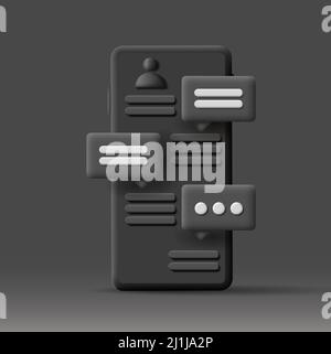 3d black render style illustration of a smartphone with messeges pop from the screen Stock Vector
