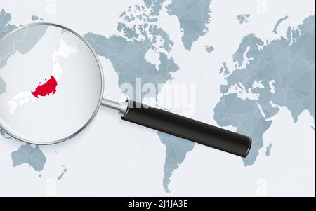 Enlarged map of Japan on America centered World Map. Magnified map and flag of Japan. Vector template. Stock Vector