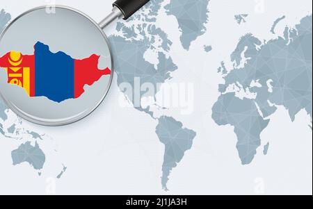 Enlarged map of Mongolia on America centered World Map. Magnified map and flag of Mongolia. Vector template. Stock Vector