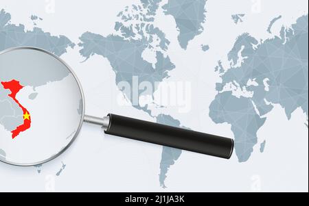 Enlarged map of Vietnam on America centered World Map. Magnified map and flag of Vietnam. Vector template. Stock Vector