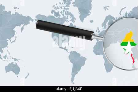 Enlarged map of Myanmar on America centered World Map. Magnified map and flag of Myanmar. Vector template. Stock Vector