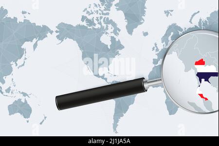 Enlarged map of Thailand on America centered World Map. Magnified map and flag of Thailand. Vector template. Stock Vector