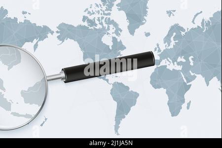 Enlarged map of Singapore on America centered World Map. Magnified map and flag of Singapore. Vector template. Stock Vector