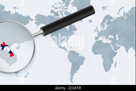 Enlarged map of Laos on America centered World Map. Magnified map and flag of Laos. Vector template. Stock Vector